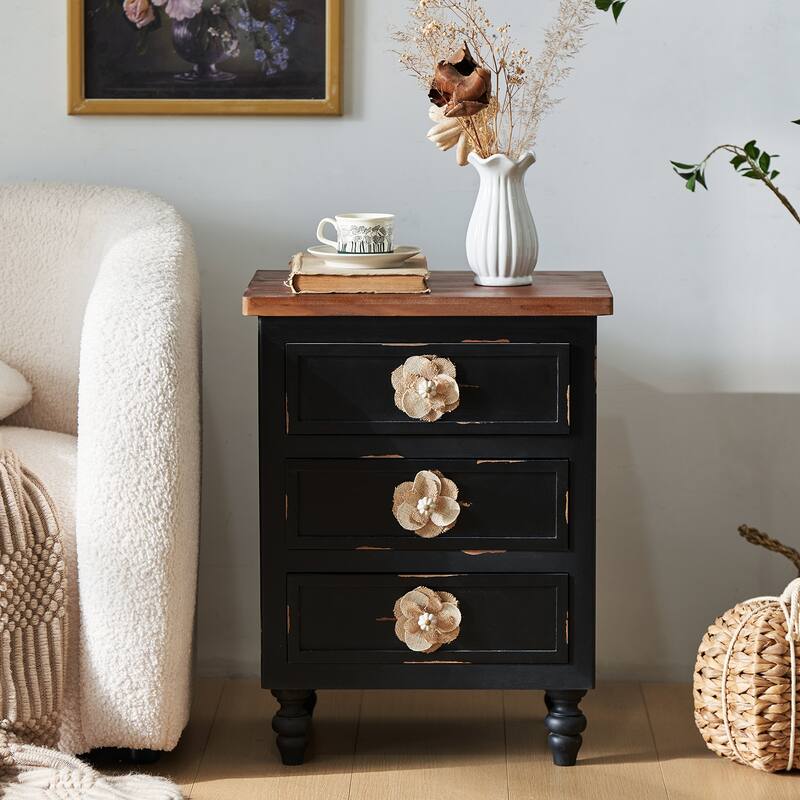 Vintage Farmhouse End Table with Floral Knobs -19"Rustic Nightstand with 3 Drawers Gourd Legs,Bedside or Sofa Accent Table