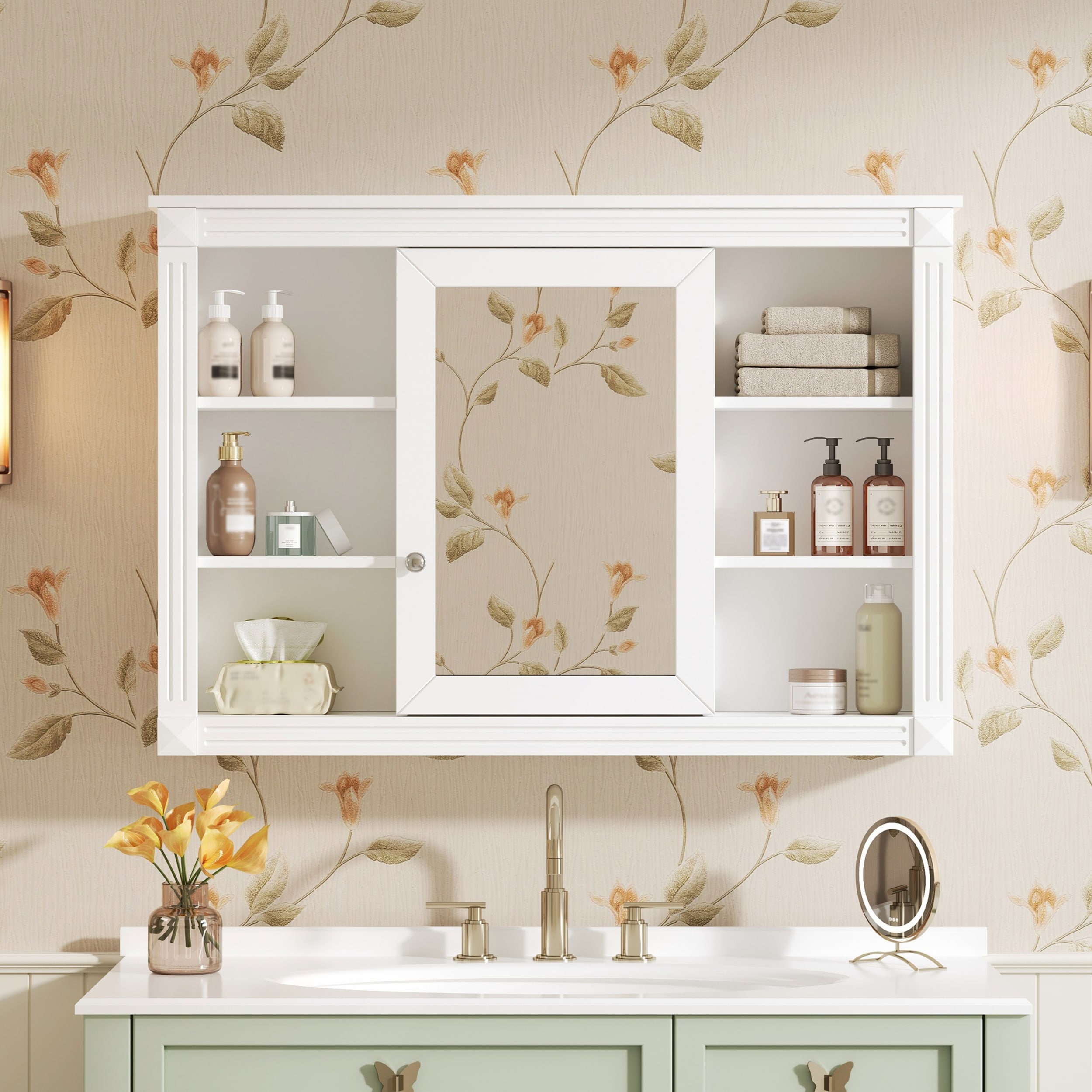 Wall Mounted Bathroom Storage Cabinet with Mirror and 6 Open Shelves for Modern Home Decor