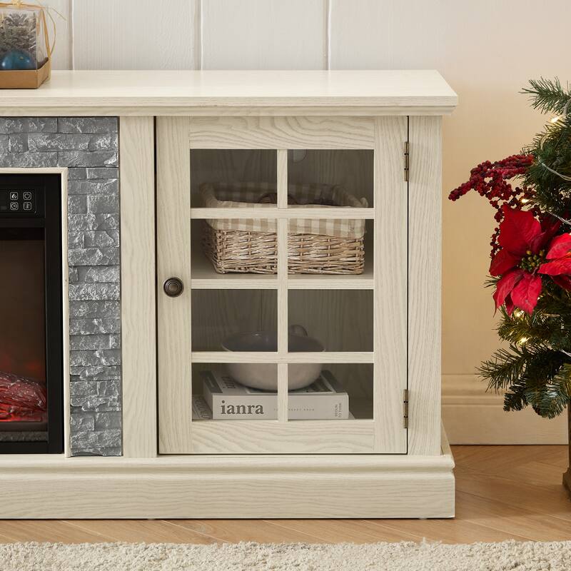 Fireplace TV Stand with 23" Electric Fireplace, Faux Stacked Stone Surround Media Cabinet TV Console for TVs up to 75"