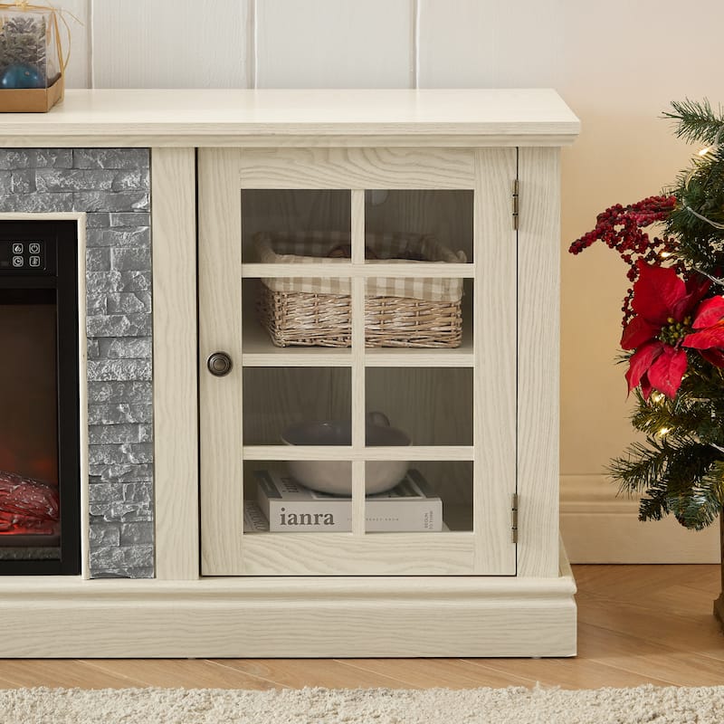 GDFStudio Thatch Wood 70" TV Stand with Faux Stacked Stone Fireplace and 2 Door Storage