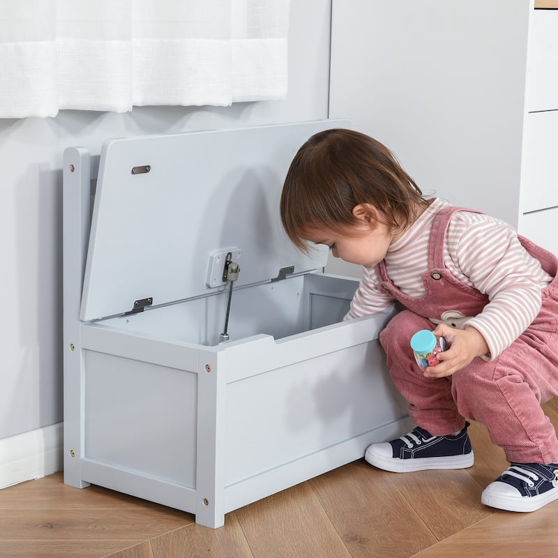 Qaba 2-IN-1 Wooden Toy Box Kids Seat Bench Storage Chest Cabinet Chunk Cube with Safety Pneumatic Rod