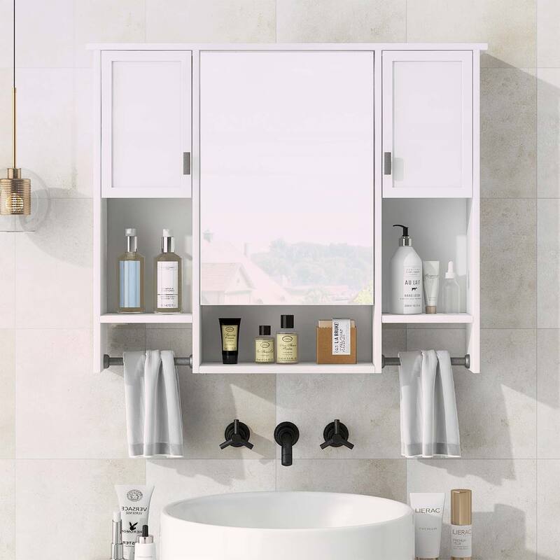 35'' x 28'' Modern Wall Mounted Bathroom Storage Cabinet with Mirror and Towel Bar,Perfect for Organized and Stylish Bathrooms