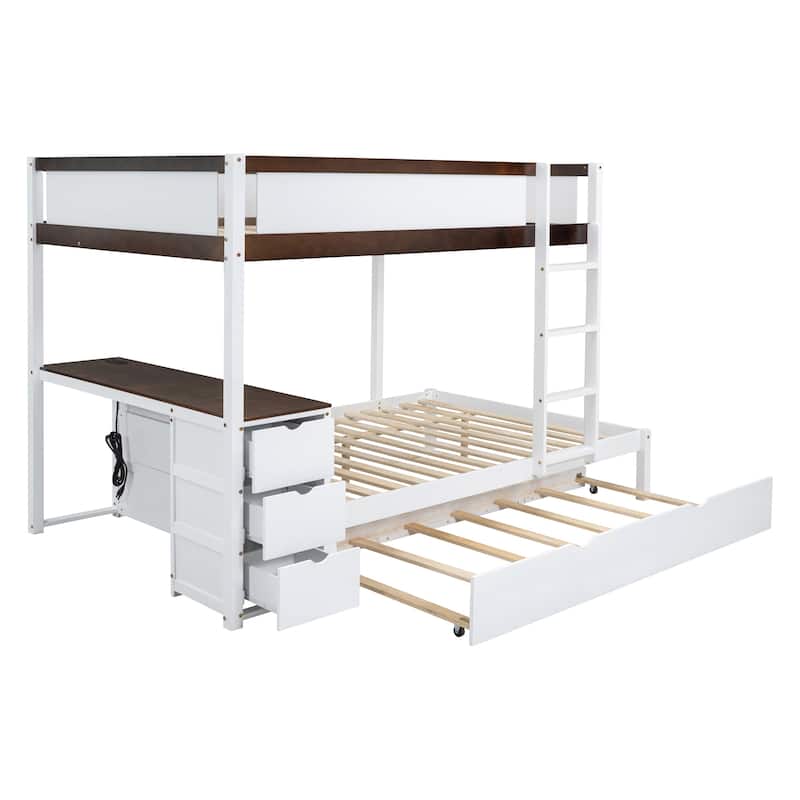 Full-Over-Full Bunk Bed with Twin size Trundle, Storage and Desk, Gray - N/A
