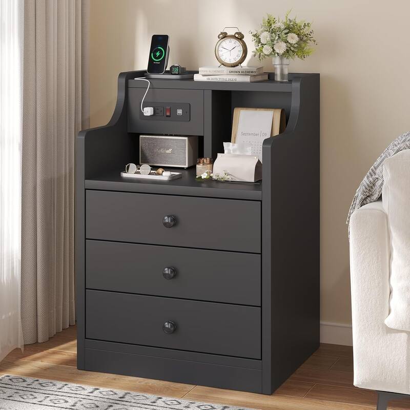 Small Nightstand 3 Drawers Charging Station End Side Table