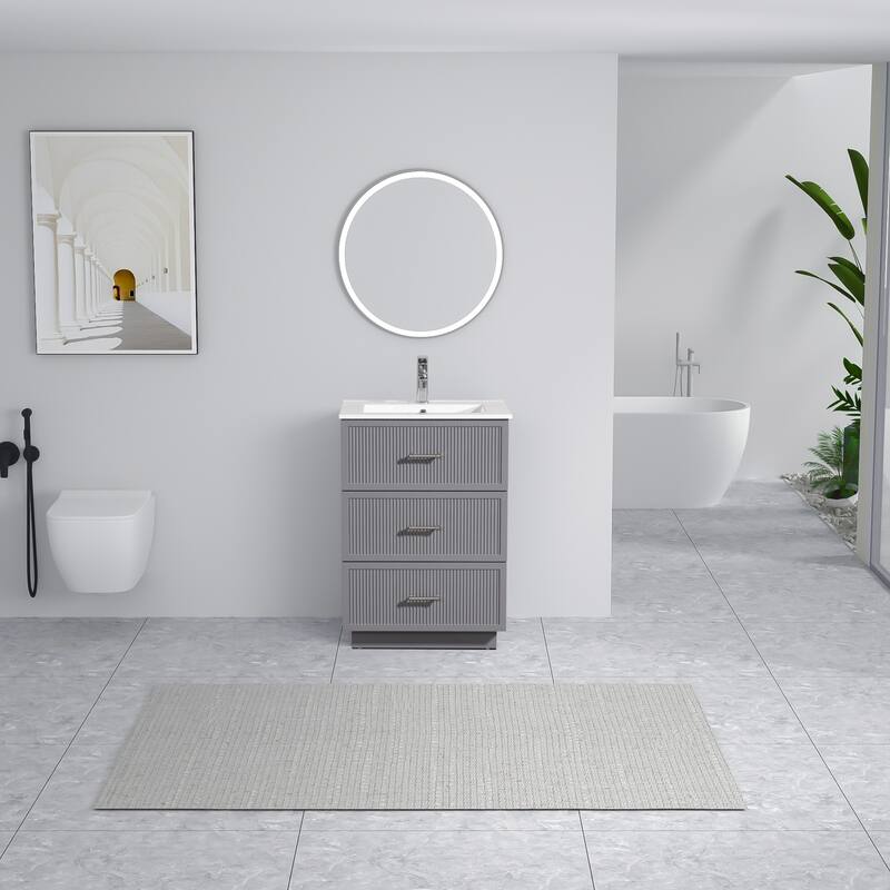 30" Freestanding Bathroom Vanity with Ceramic Sink and 2 Storage Drawers, Stylish Gray Floor Cabinet
