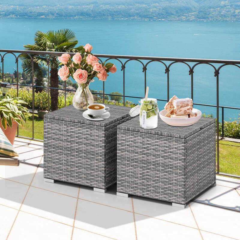 Costway 2PCS Patio Rattan Ottomans Seat Side Table Storage Box - See Details