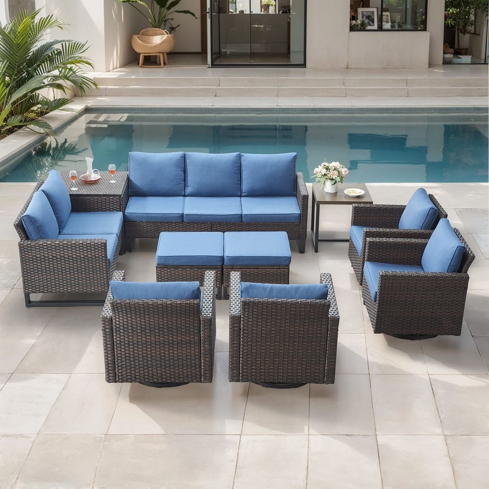 Gymojoy 9 Person Outdoor Patio Wicker Family Conversation Set Group With Swivel Chairs And Storage