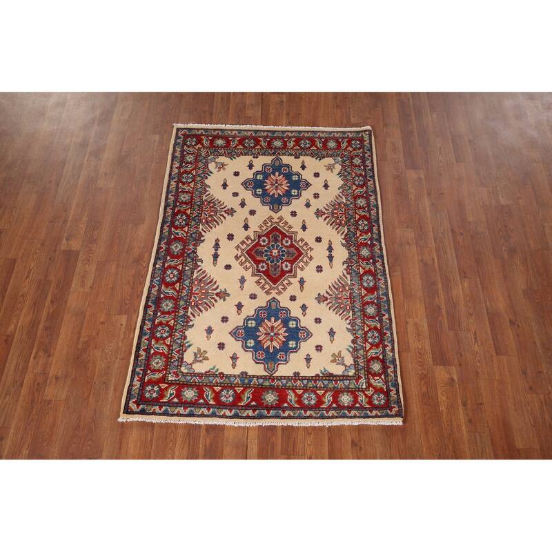 Ivory Geometric Kazak Accent Rug Handmade Wool Carpet - 3'4" x 4'10"