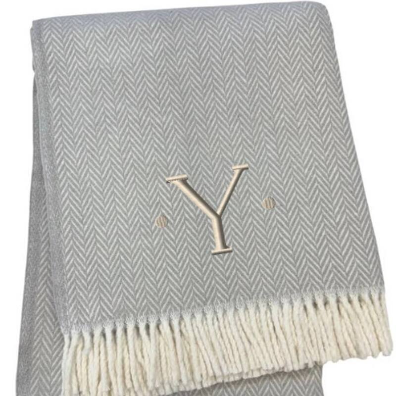HomeRoots 55" X 70" Gray And White Herringbone Cotton Blend Y Initial Throw Blanket with Tassels And Embroidery