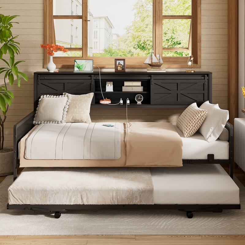 Farmhouse Twin Daybed with Pop-up Trundle Bed and Charging Station，Sofa Bed Frame with Bookcase Headboard with 2 Sliding Doors