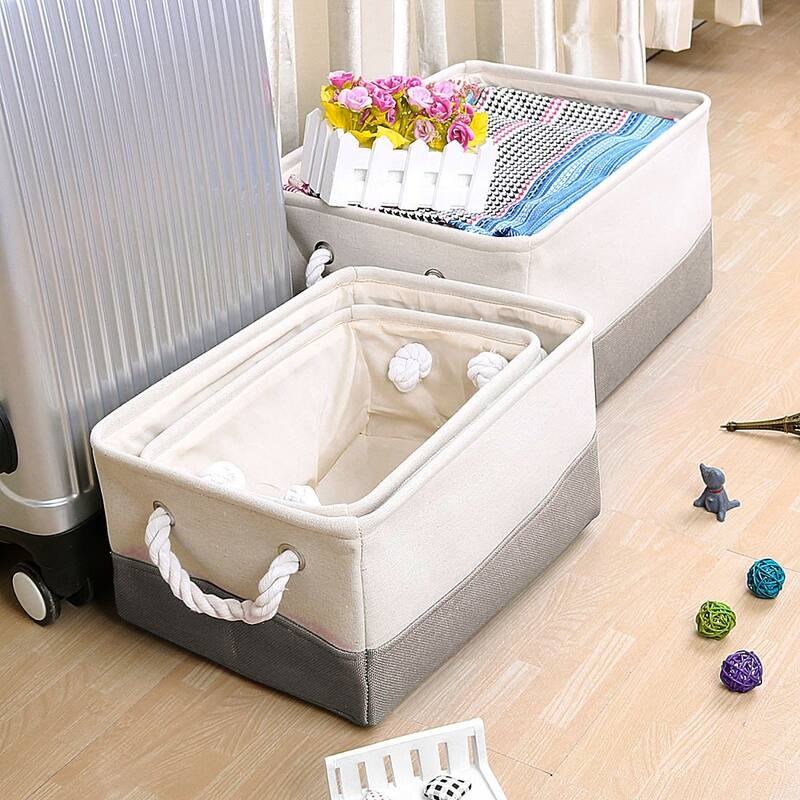 Foldable Polyester Storage Basket or Bin with Durable Cotton Handles