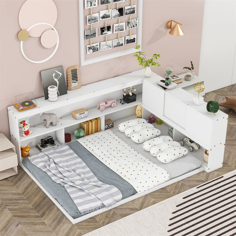 Full Floor Bed with L-shaped Bookcases, Sliding Doors Without Slats