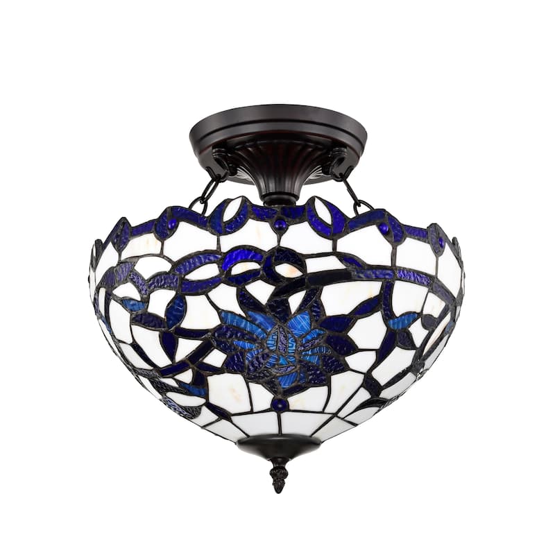 Vayne Blue/White 2-Light Stained Glass Bowl Shade Tiffany-Style Semi-Flush Mount
