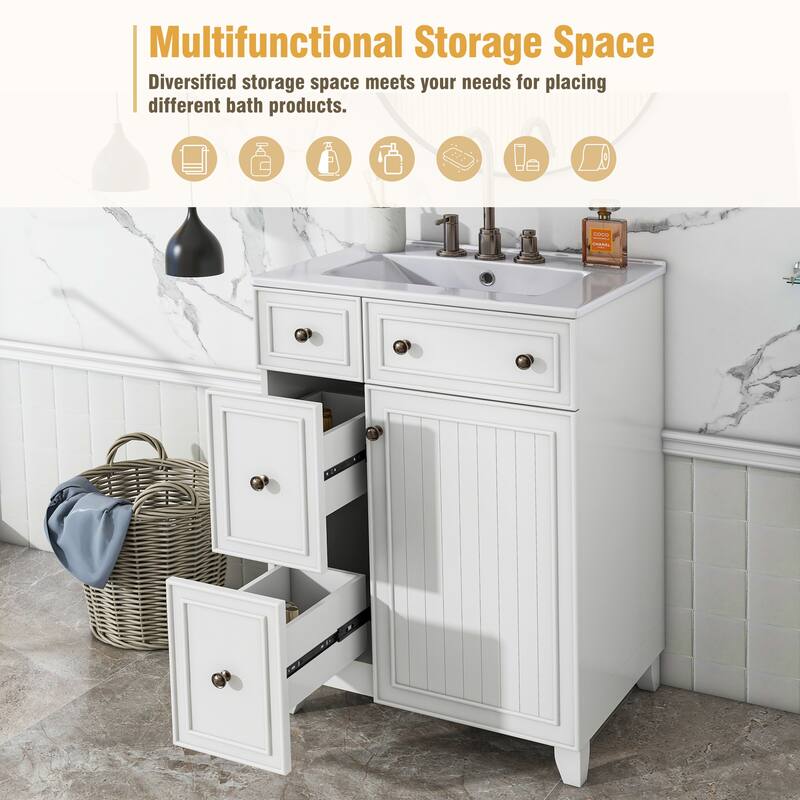 24" Bathroom Vanity Cabinet with Ceramic Sink, 2 Drawers & Door, White - White