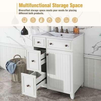 24" Bathroom Vanity Cabinet with Ceramic Sink, 2 Drawers & Door, White