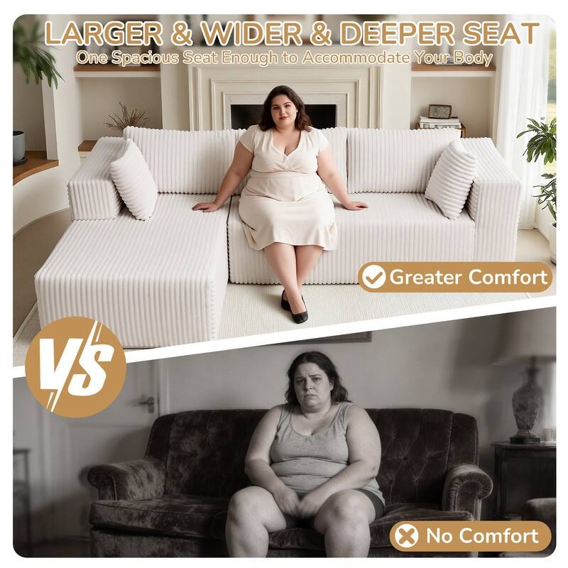 105 in. Wide Square Arm 2-Piece Modern Corduroy Fabric L-Shape Modular Sectional Sofa