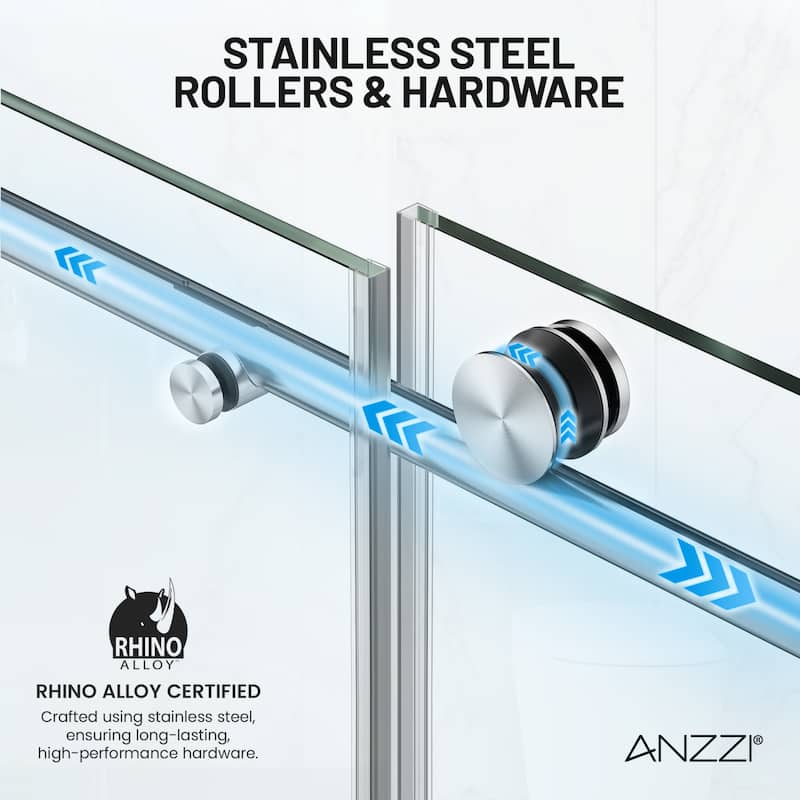 Mountain 60-inch Reversible Frameless Sliding Deco-Glass Shower Door with Soft-Close System