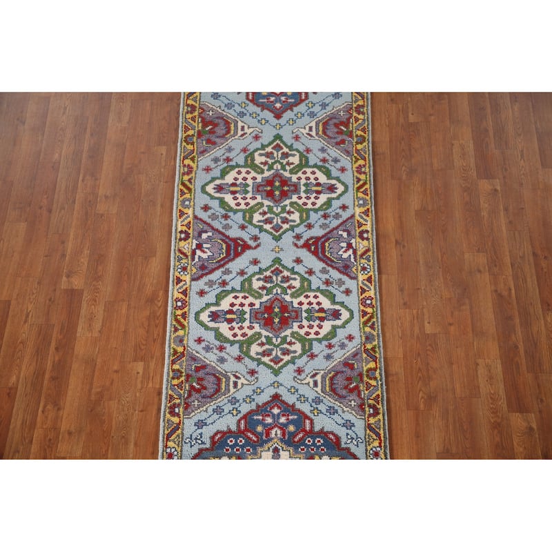 Blue Geometric Kazak Runner Rug Handmade Wool Carpet - 2'6"x 8'0"