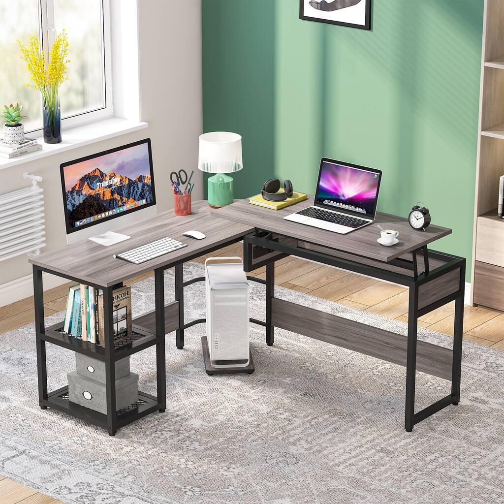 L Shaped Desk with Lift Top, Rustic Height Adjustable Standing Desk Workstation for Home Office