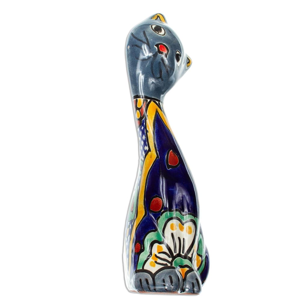 Novica Handmade Blue Talavera Cat Ceramic Statuette