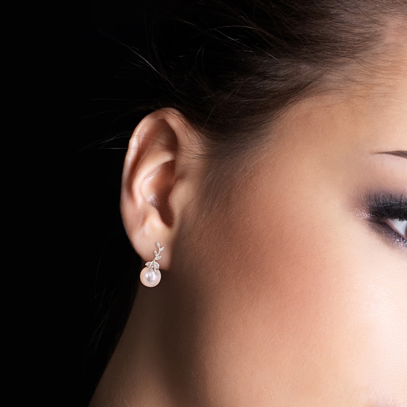 Miadora 11-12mm Cultured Freshwater Pearl & Diamond-Accent Leaf Earrings 14k White Gold