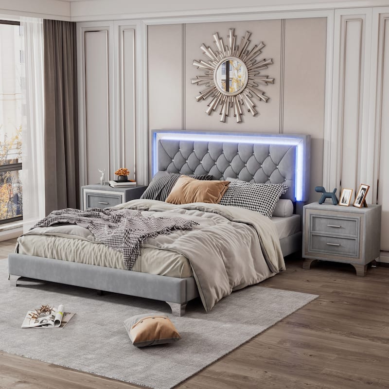 3-Pieces Bedroom Sets,Queen Size Wood Platform Bed Frame For Boys Girls