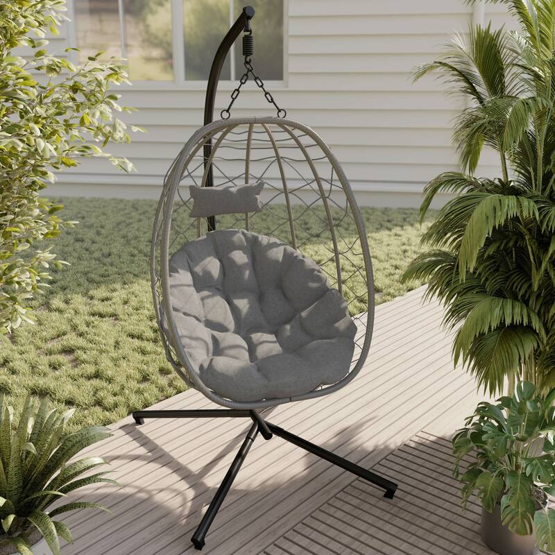 LeisureMod Summit Foldable Hanging Egg Swing Chair with Removable Cushion for Porch, Patio, Backyard, Garden, Lounge