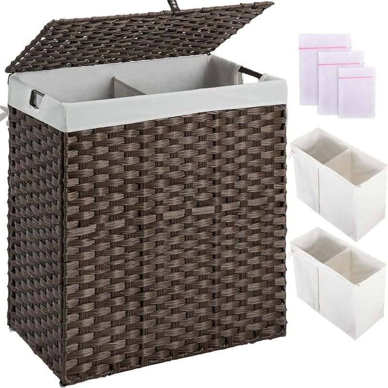 110L Wicker Laundry Baskets Foldable 2 Removable Liner Bags - 22.2"L x 13.3"W x 24"H