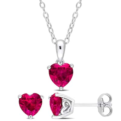 Miadora 3ct TGW Heart-Shape Created Ruby Set of Necklace and Earrings in Sterling Silver