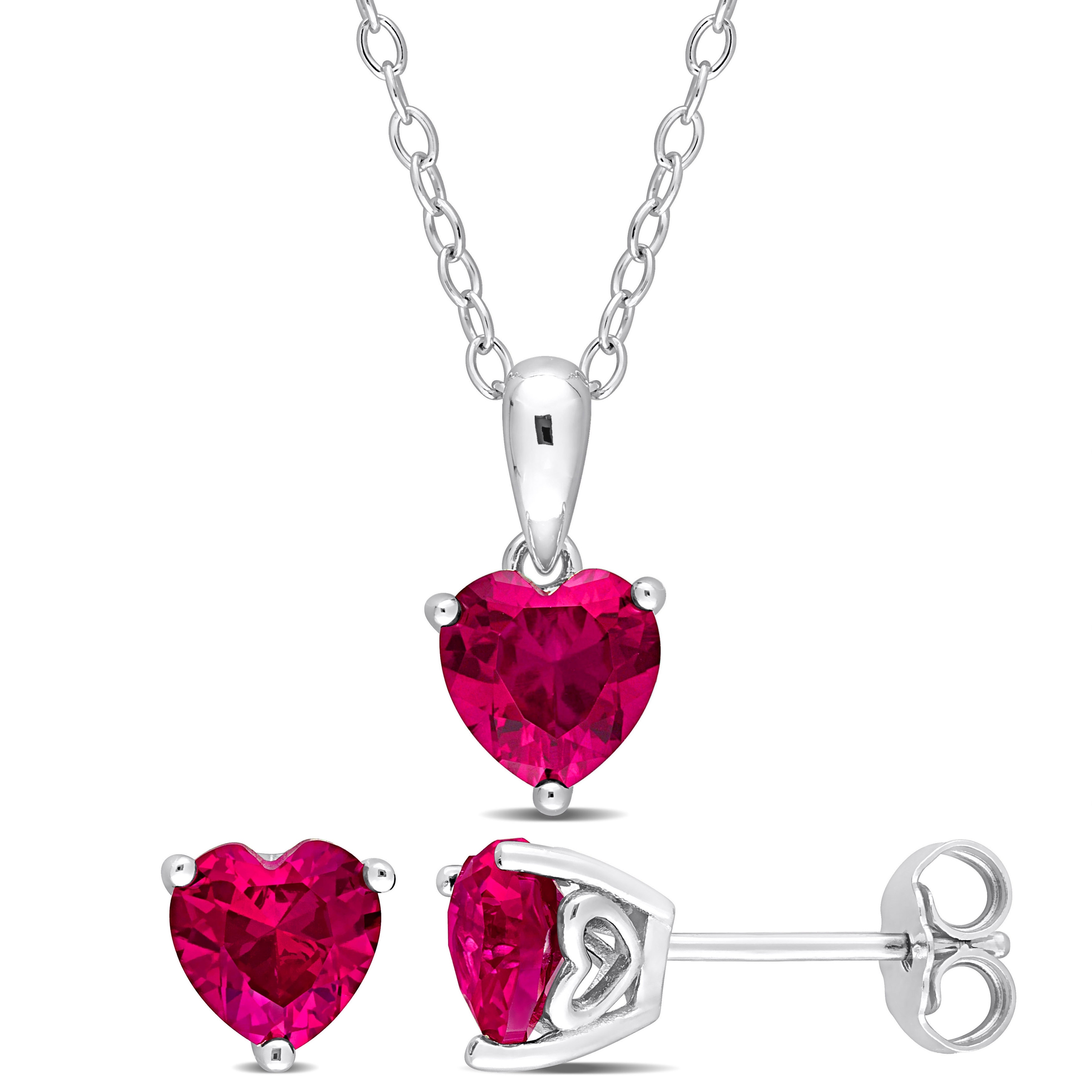 Miadora 3ct TGW Heart-Shape Created Ruby Set of Necklace and Earrings in Sterling Silver
