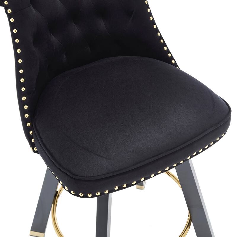 Versatile Velvet Tufted Bar Chairs Set of 2 Swivel Bar Stools with Back Pull Ring, Rivet Decoration and Wooden Square Foot