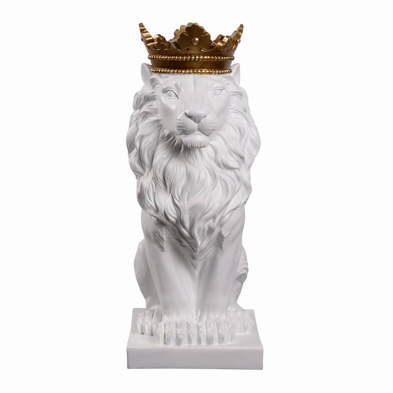 Regal Lion with Crown Statue - 14.5" - White and Gold