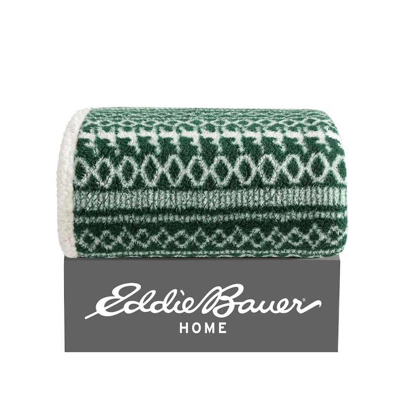 Eddie Bauer Printed Faux Shearling- Reversible Throw Blankets - Alpine Fair Isle Green