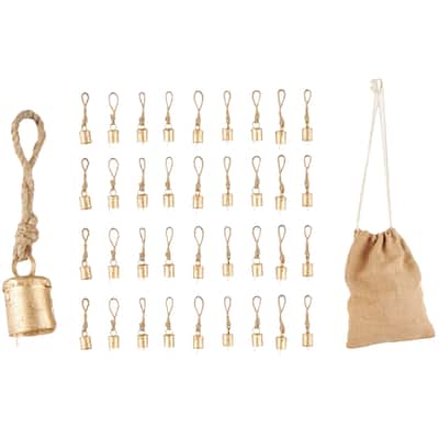 Metal Tibetan Inspired Decorative Bells with Brown Jute Rope and Canvas Tote - Set of 18 or 36 Gold - Roche River Decor