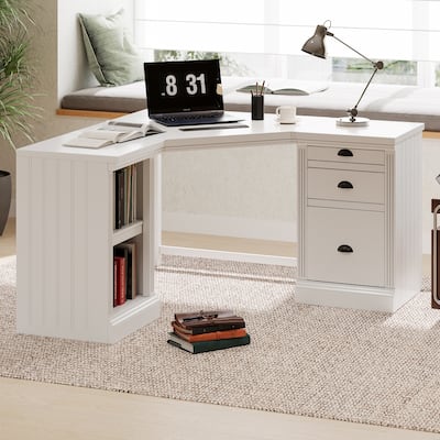 58" L Shaped Corner Writing Desk with 2 Storage Cabinets and 3 Drawers