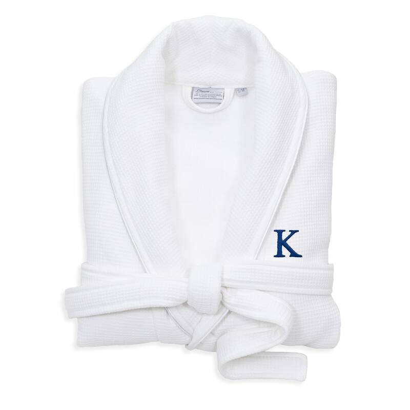 Authentic Hotel and Spa White Unisex Turkish Cotton Waffle Weave Terry Bath Robe with Navy Block Monogram - S/M - K