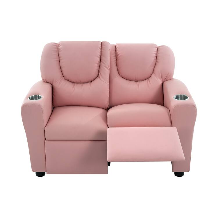 Kids Push Back Loveseat Recliner with Cup Holders, Adjustable Footrest & Headrest, Two Seat Recliner Sofa for Boys and Girls