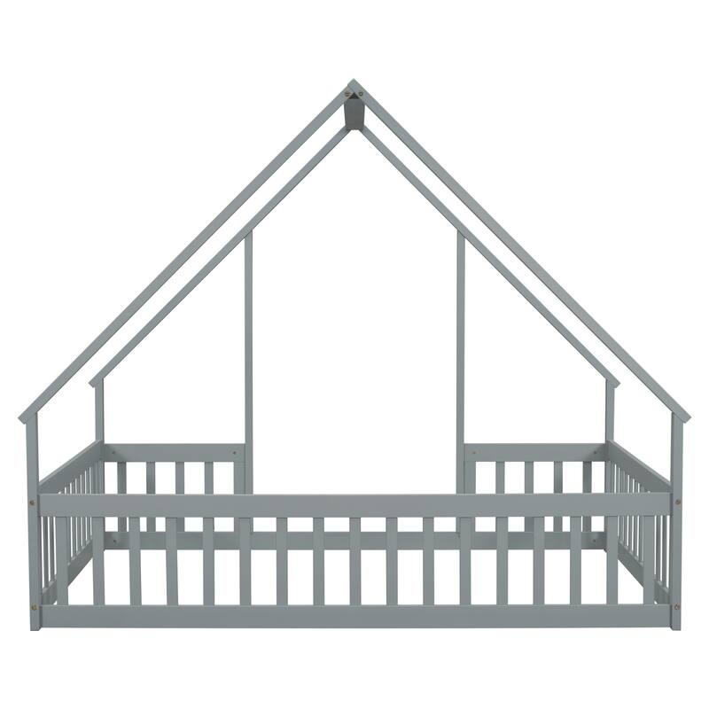 Full Size Pine House-Shaped Floor Bed with Roof & Guardrails