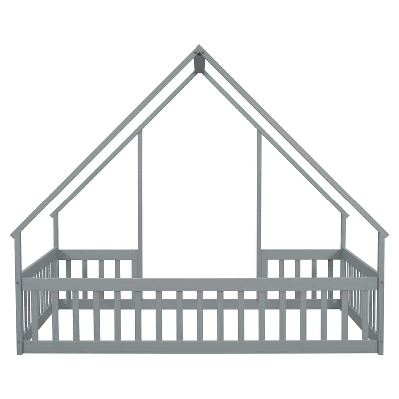 Full Size Pine Wood House-Shaped Floor Bed with Fence, Guardrails and Roof for Bedroom