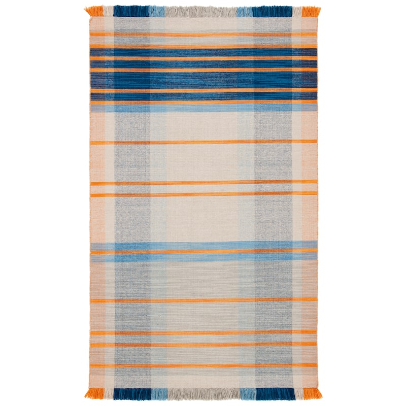 SAFAVIEH Striped Kilim Noelly Wool Fringe Rug - 6' Square - Beige/Blue