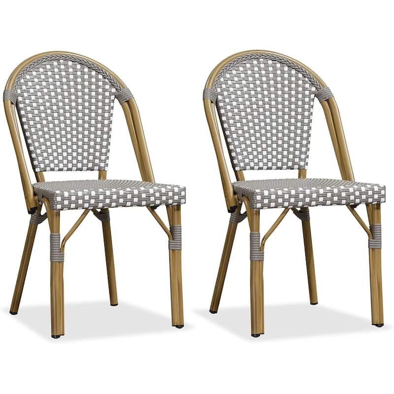 PURPLE LEAF Outdoor Dining Chairs (Set of 2) French Hand-Woven Aluminum Wicker Chairs - Grey(Bamboo Finish)