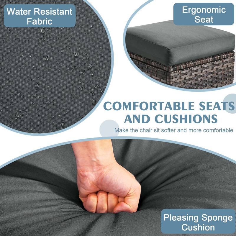 Outdoor Patio PE Wicker Ottoman with Cushion Set of 2