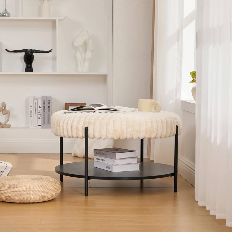 ​Upholstered Storage Ottoman - Open Shelf & Faux Fur Top