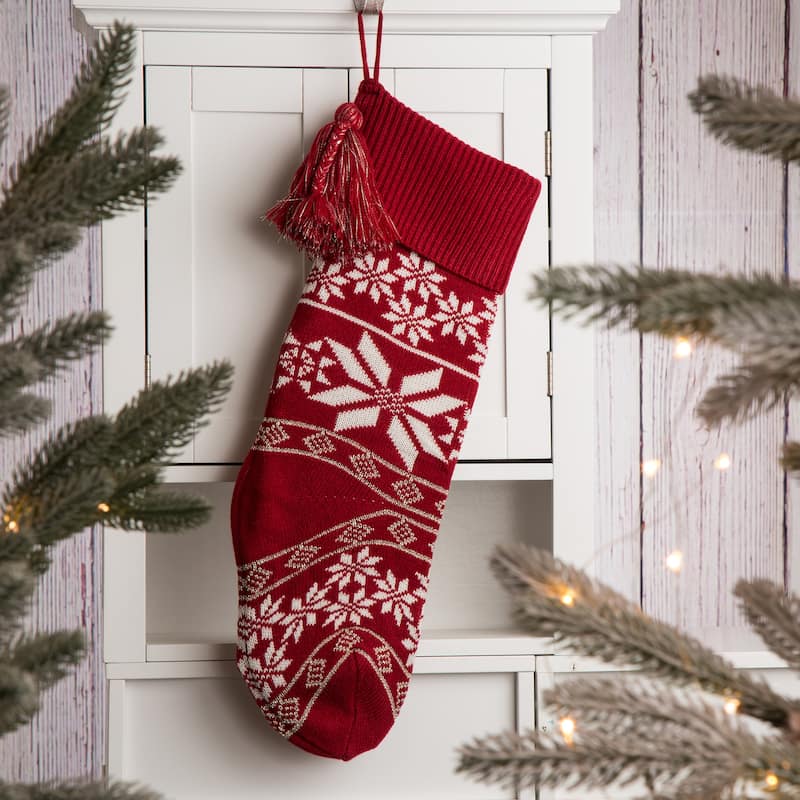 Glitzhome 24"L Knitted Christmas Stocking With Pom Pom Ball