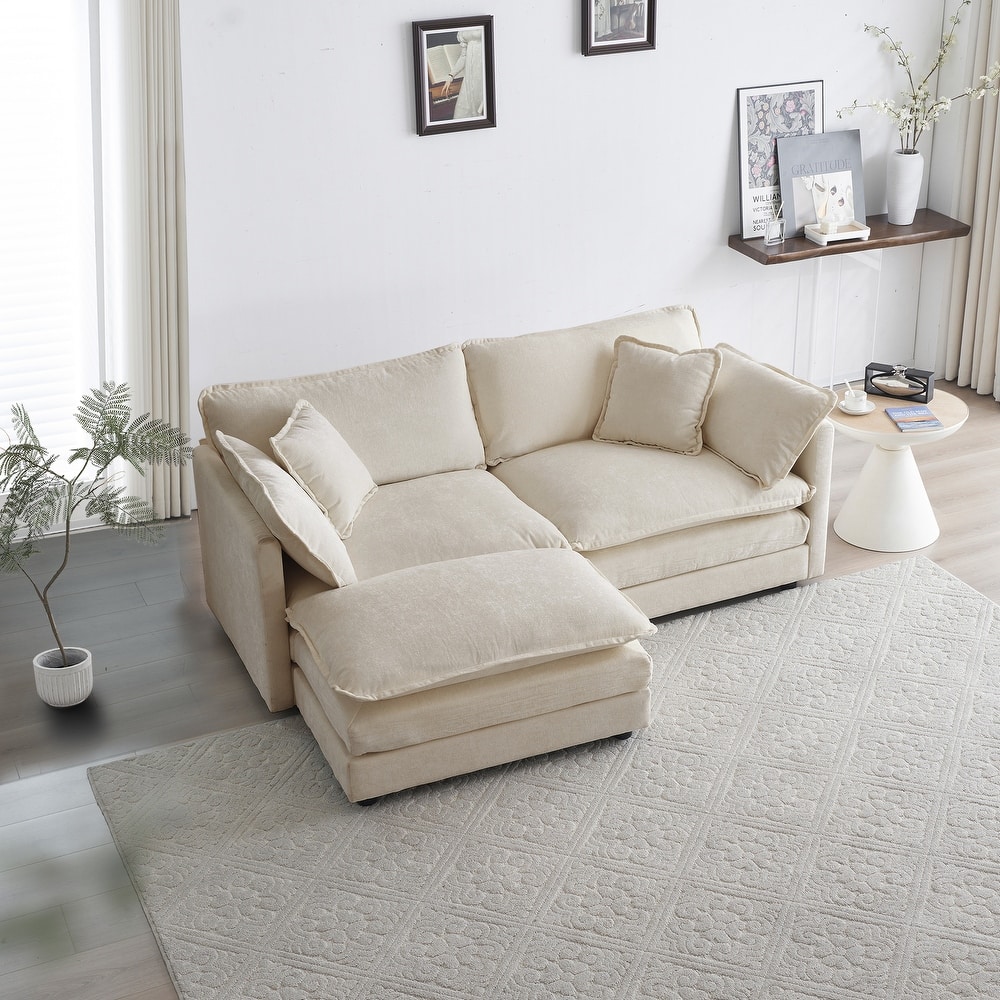 GDFStudio - Pawn Chenille L-Shaped 2 Seater Sofa with 1 Ottoman with Pillow