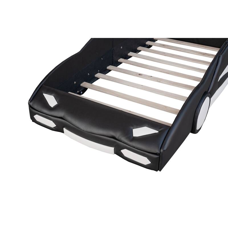 Twin PU Leather Race Car Bed with Guardrail & Car Seat Headboard
