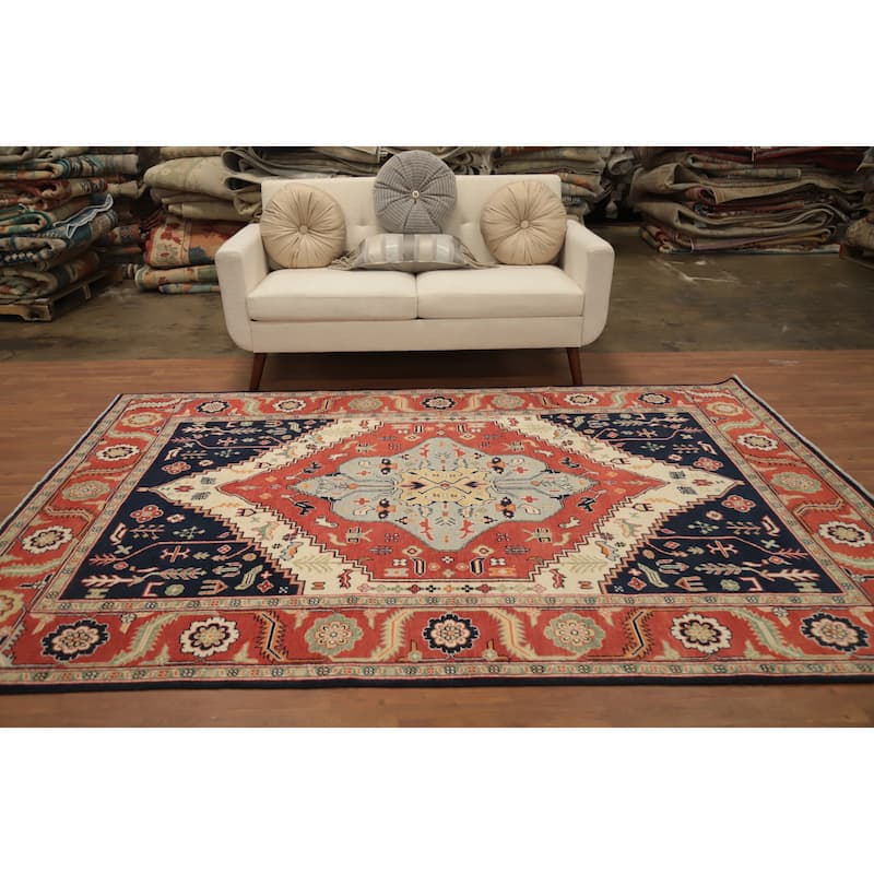 Hand Knotted Oriental 100% Wool Carpet Traditional Medallion Oranges & Rust Heriz (serapi) Area Rug - 8' 11'' X 6' 2''