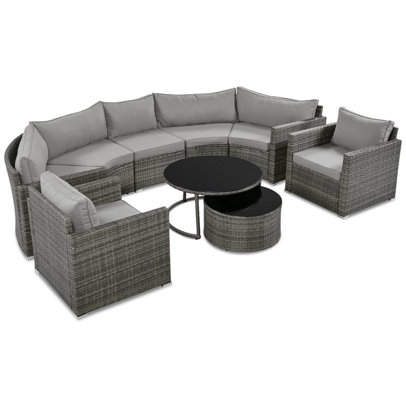 9-Piece Outdoor Half-Moon Patio Sofa Set, Wicker Sectional Sofa with Nesting Coffee Table, Rattan Conversation Set