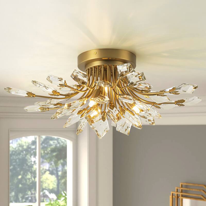 4-Light Modern Industrial Linear Cluster Crystal Flush Mount Light Sputnik Ceiling Light for Dining Room