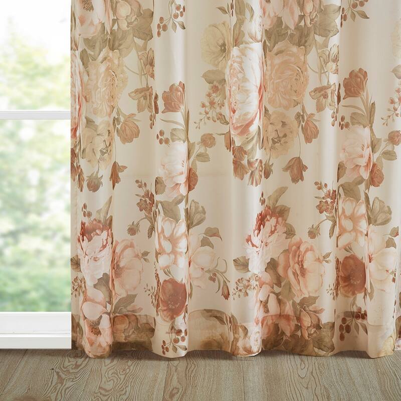 Printed Floral Rod Pocket and Back Tab Voile Sheer Curtain On Sale
